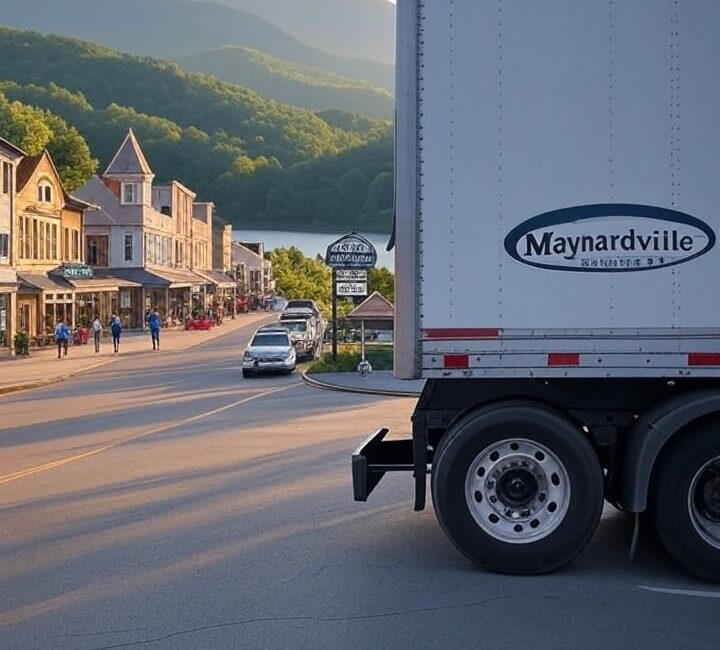 A scenic view of a moving truck branded for a relocation to Maynardville, TN, parked on a quaint small-town street with Victorian buildings, pedestrians, and cars, backed by lush green mountains, Norris Lake, and a welcoming town sign under a golden sunset sky. Perfect for illustrating affordable moves to East Tennessee with Mitchell Move.