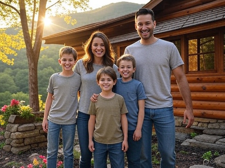 A family walking hand-in-hand towards scenic mountains in Townsend, TN, with a moving truck unloading at their new cabin-style home surrounded by lush greenery and wildflowers.