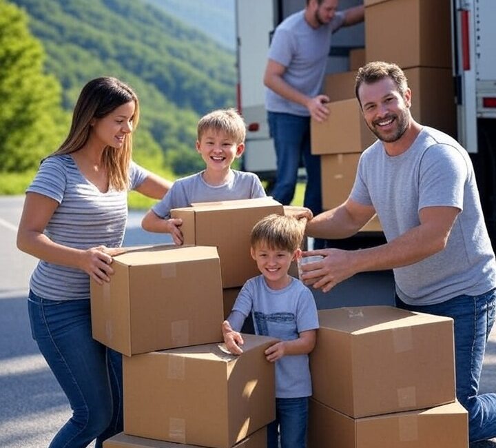Family packing moving boxes in front of a moving truck on a scenic Smoky Mountain road in Sevierville, TN, showcasing a stress-free local move on a sunny day with lush greenery and mountains in the background.