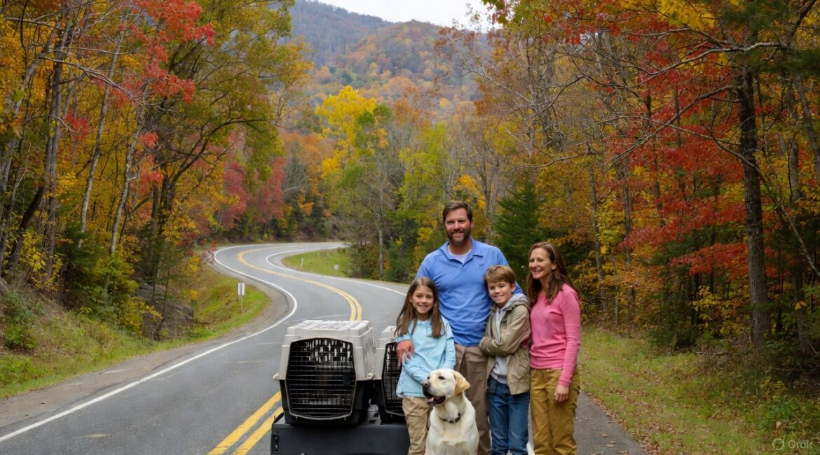 Family posing for moving day during Fall in Smoky Mountains