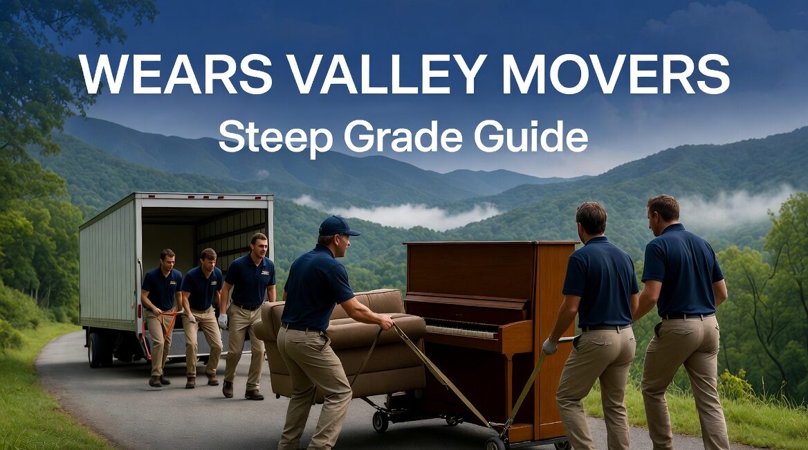 Wears Valley professional movers carefully transporting heavy furniture up a steep mountain driveway with Great Smoky Mountains backdrop