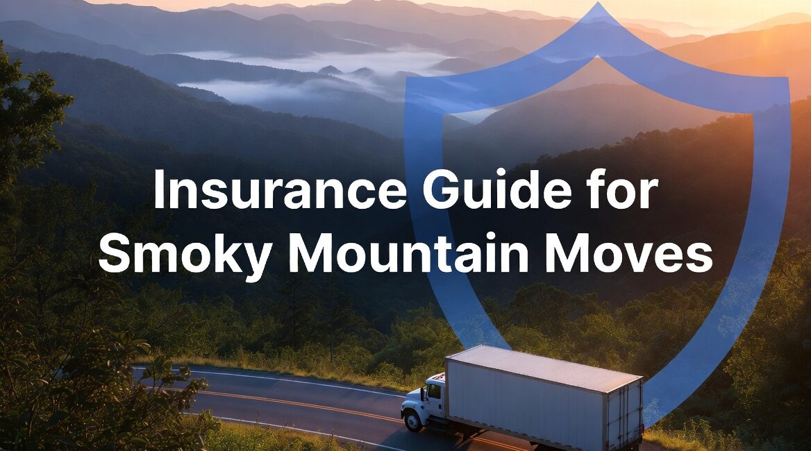 Insurance Guide for Smoky Mountain Moves – white moving truck driving along a scenic winding road through the misty Great Smoky Mountains at golden hour with a bold blue insurance shield protection icon overlay