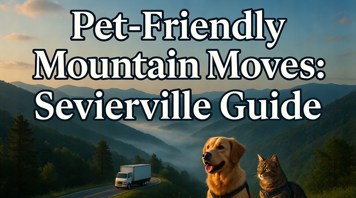 A dog and cat next to a moving truck in the mountains