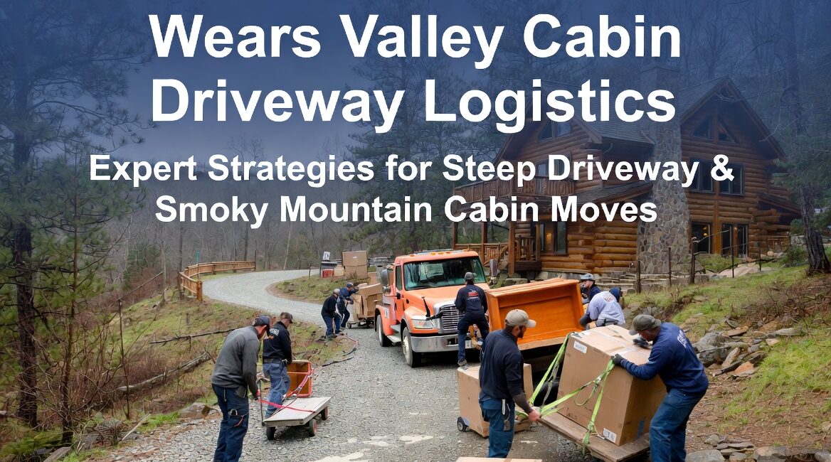 Professional movers handling steep driveway logistics at a Wears Valley cabin in the Smoky Mountains
