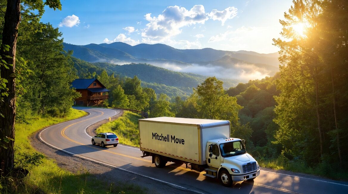 Mitchell Move truck carefully navigating a steep winding road in the Great Smoky Mountains near Wears Valley during summer, with a family SUV following and a cabin in the background – representing smooth local-to-long-distance family moves