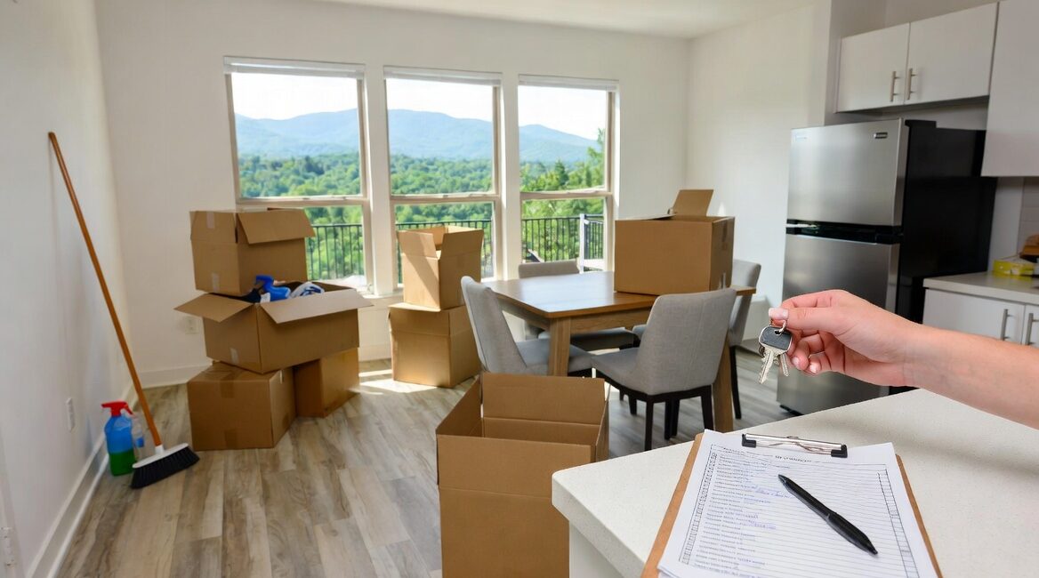 Modern Sevierville apartment interior with moving boxes, cleaning supplies, move-out checklist, and keys on the counter, overlooking the Great Smoky Mountains – featured image for rental move-out rules guide by Mitchell Moving