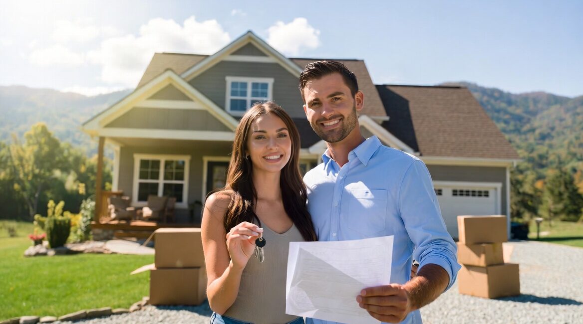 Smiling young couple receiving keys to their new rental home in Sevierville, Tennessee, with the Great Smoky Mountains in the background and moving boxes nearby — representing rental deposit rules when moving.