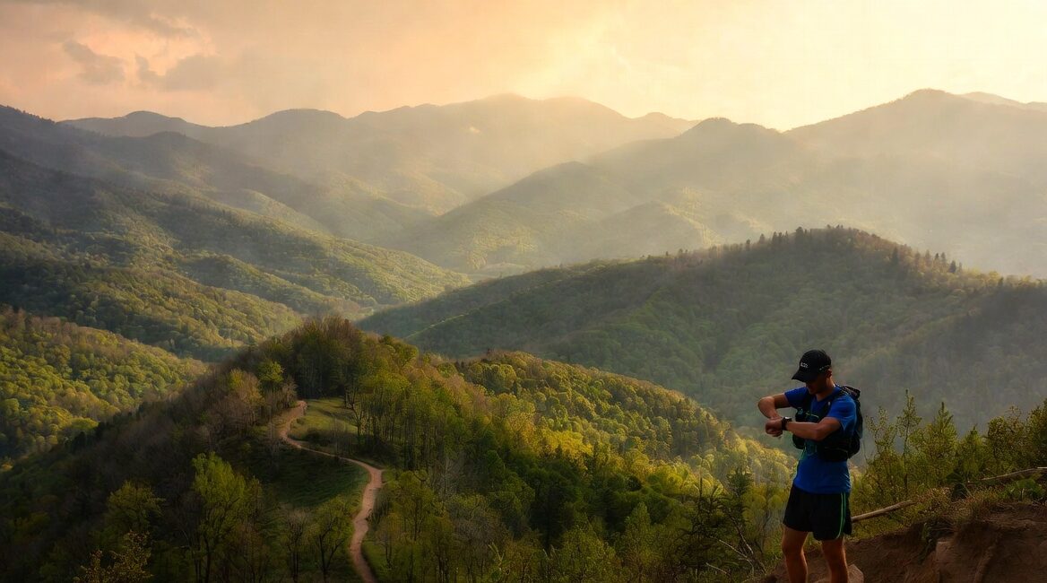 Scenic golden-hour view of Wears Valley in the Great Smoky Mountains with a long-distance hiker checking their timing watch on a mountain trail overlooking the lush valley and forests.