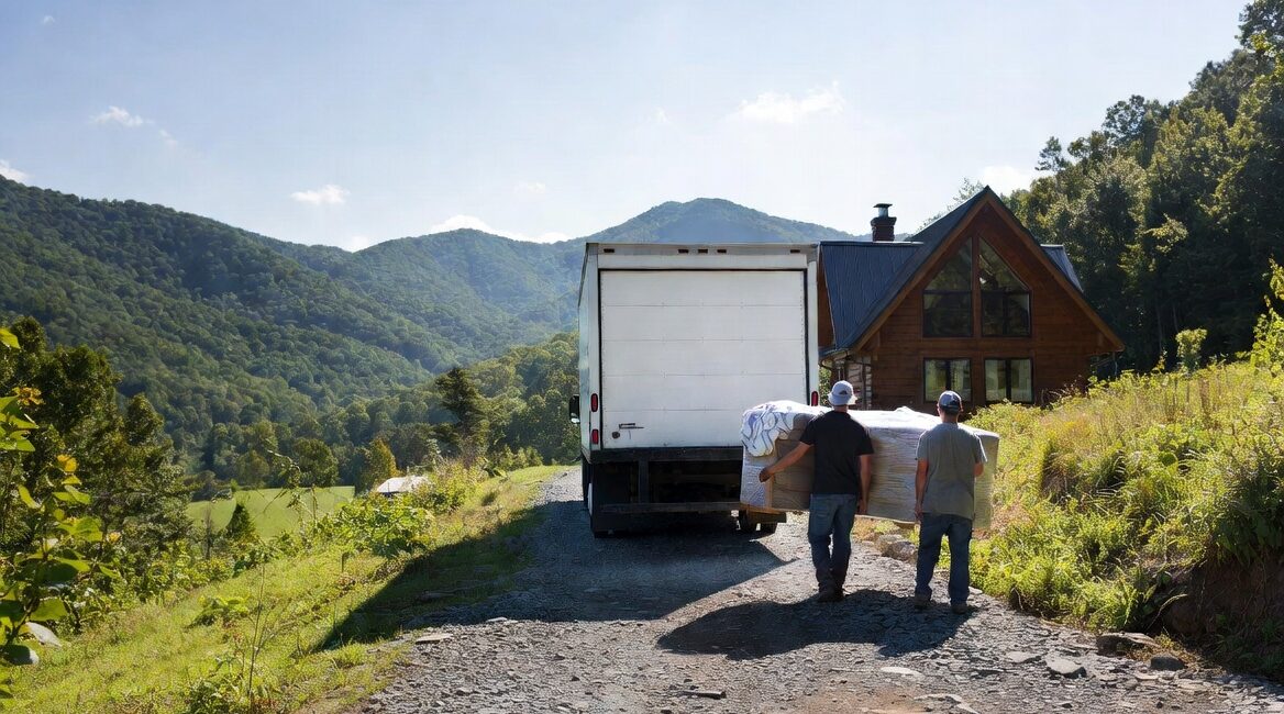 The Quiet Details That Make or Break a Long-Distance Move from Wears Valley | Mitchell Moving Professional Wears Valley long distance movers carefully carrying furniture down a gravel driveway from a mountain cabin near Sevierville with the Smoky Mountains in the background