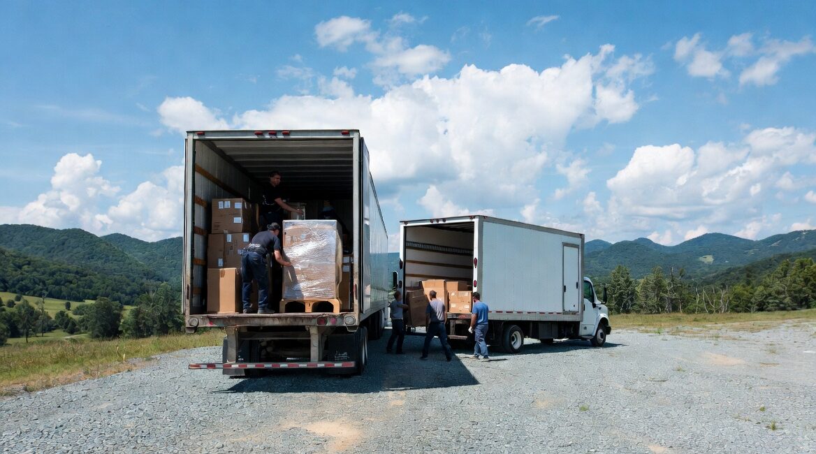 Shuttle Trucks on Wears Valley Gravel | Mitchell Moving Professional movers using shuttle trucks on a gravel road in scenic Wears Valley, Tennessee during a specialized move.